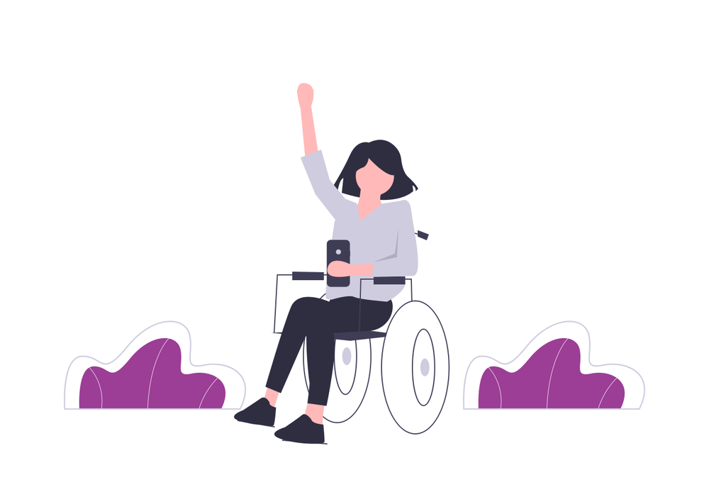 Illustration of a woman in a wheelchair celebrating with her arm raised