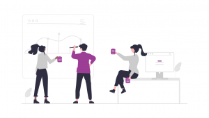 Illustration of a team collaborating around a plan